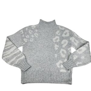 Nine West Women's XS Gray White Mixed Animal Print Mock Neck Leopard Sweater